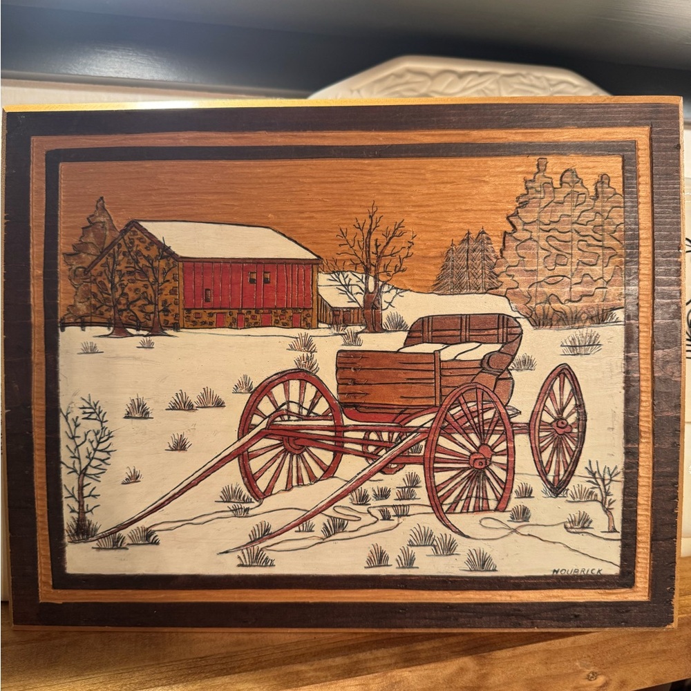 Vintage handmade Wooden Wall Art with Winter Scene signed